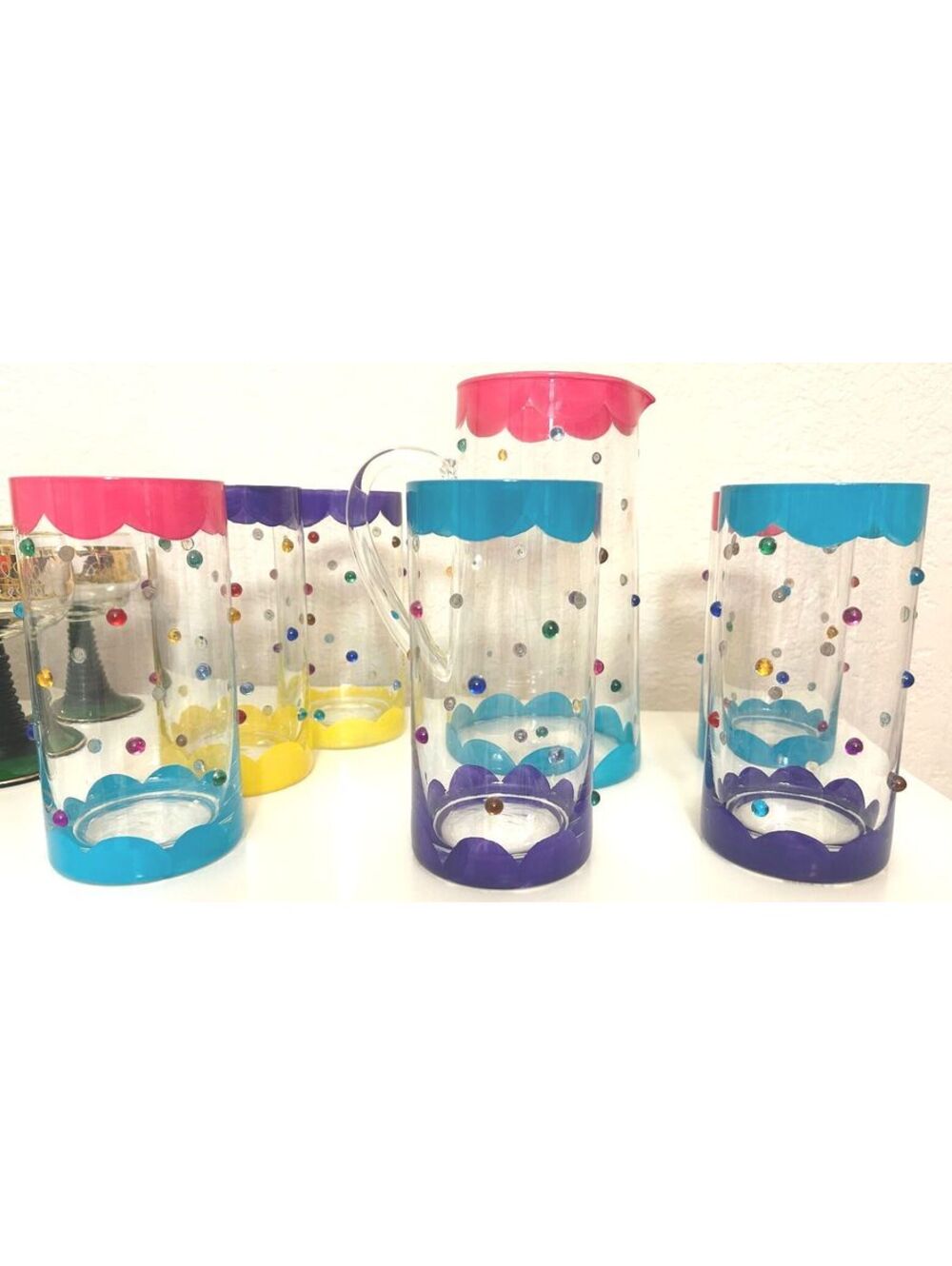 Jeweled Glass Pitcher 6 Tumblers Set Colorful Applied Beads Hand Painted Barware